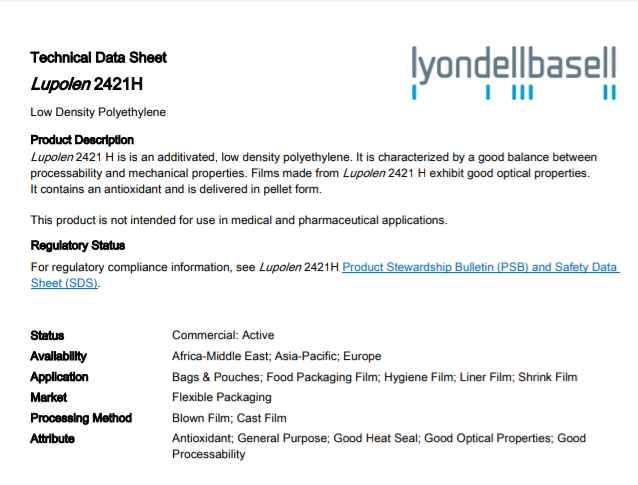 BASELL 2421H FOAM LDPE Prime/Virgin Film Grade bhiwandi maharashtra india Plastic4trade