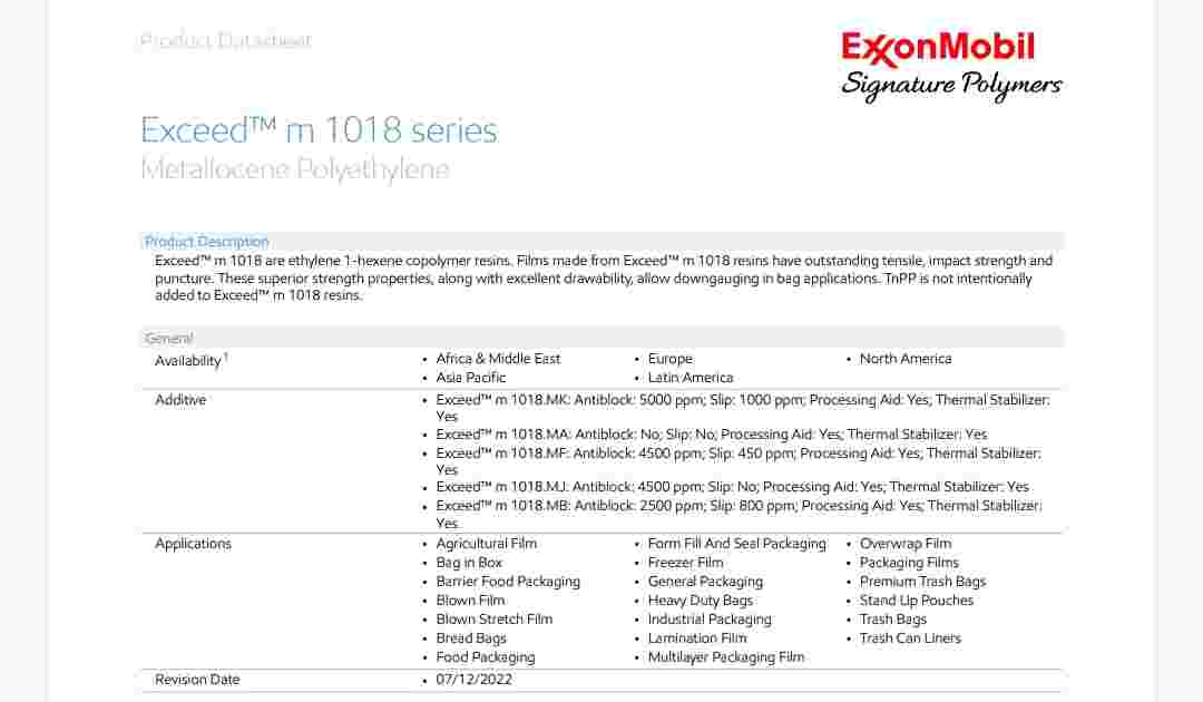 EXXONMOBIL 1018MK 1MFI SLIP LLDPE Prime/Virgin Film Grade bhiwandi maharashtra india Plastic4trade