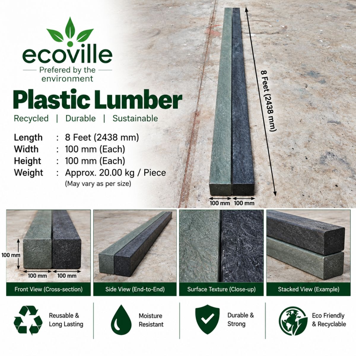 RECYCLED PLASTIC LUMBERS 100MX100MMX8FEET  Lumps Finish Goods Extrusion Mix Scrap kolkata west bengal india Plastic4trade