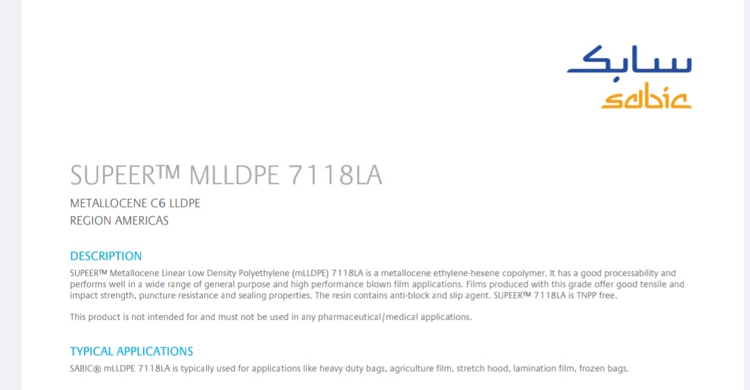 SABIC SUPEER 7118LA 1MFI SLIP LLDPE Prime/Virgin Film Grade bhiwandi maharashtra india Plastic4trade