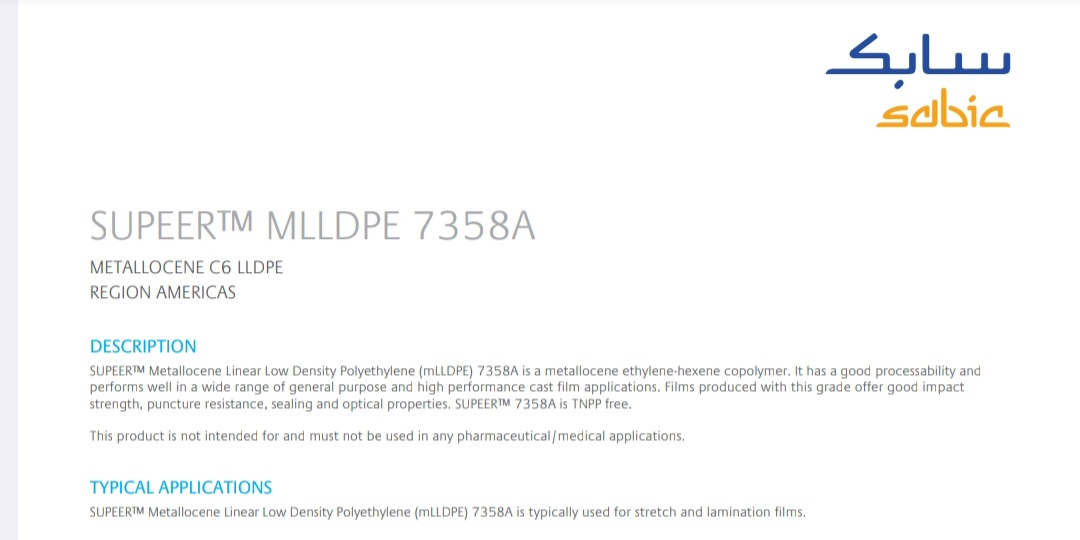 SABIC SUPEER 7358A 3.5MFI NONSLIP LLDPE Prime/Virgin Film Grade bhiwandi maharashtra india Plastic4trade